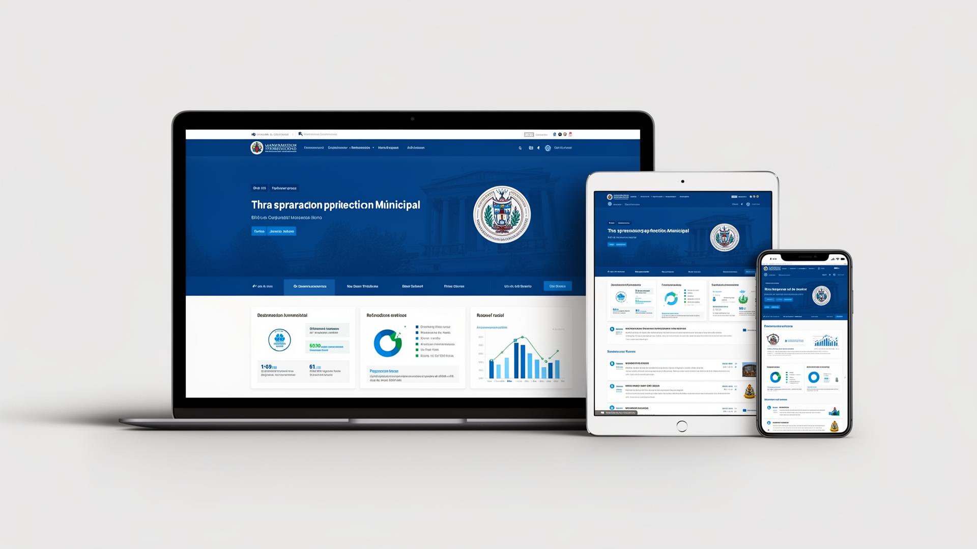Mockup de portal institucional em laptop, tablet e celular